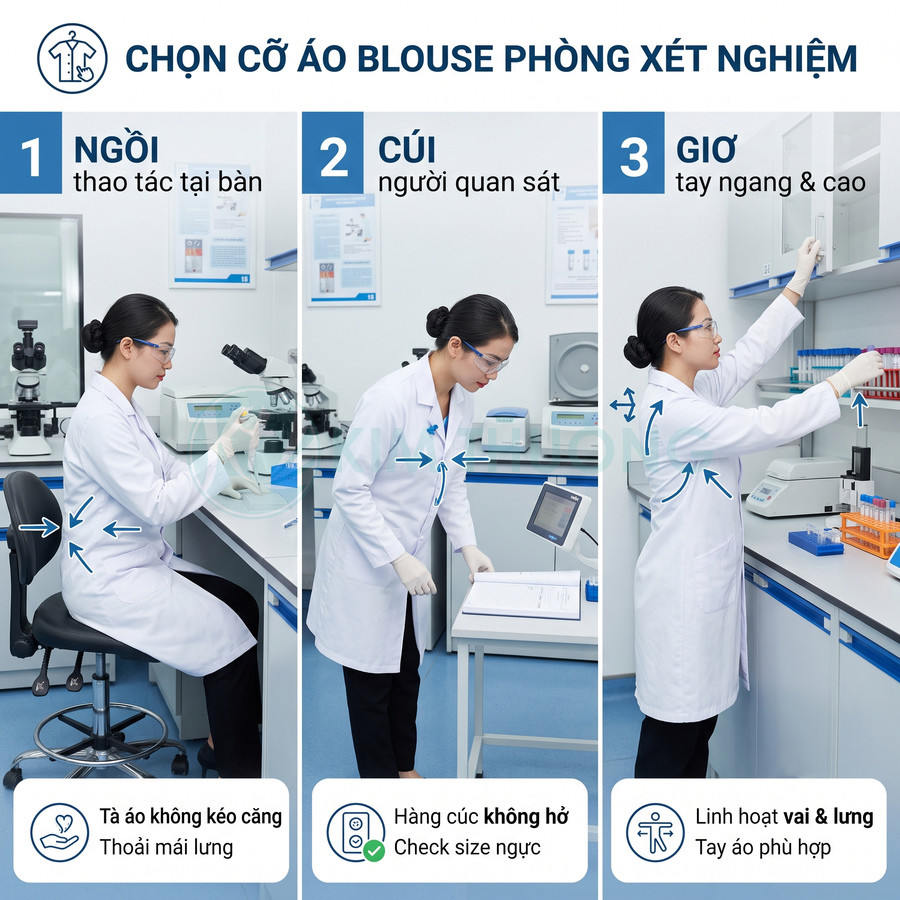 Áo blouse phòng xét nghiệm cho nữ nhân viên y tế, thiết kế thoải mái khi ngồi, cúi và giơ tay làm việc