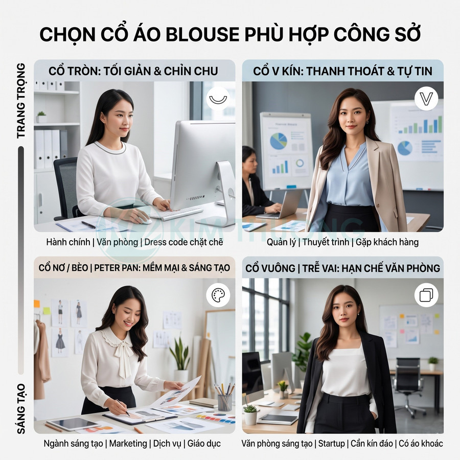 Các kiểu cổ áo blouse công sở cho nữ: cổ tròn, cổ V, cổ nơ và cổ vuông trong môi trường văn phòng
