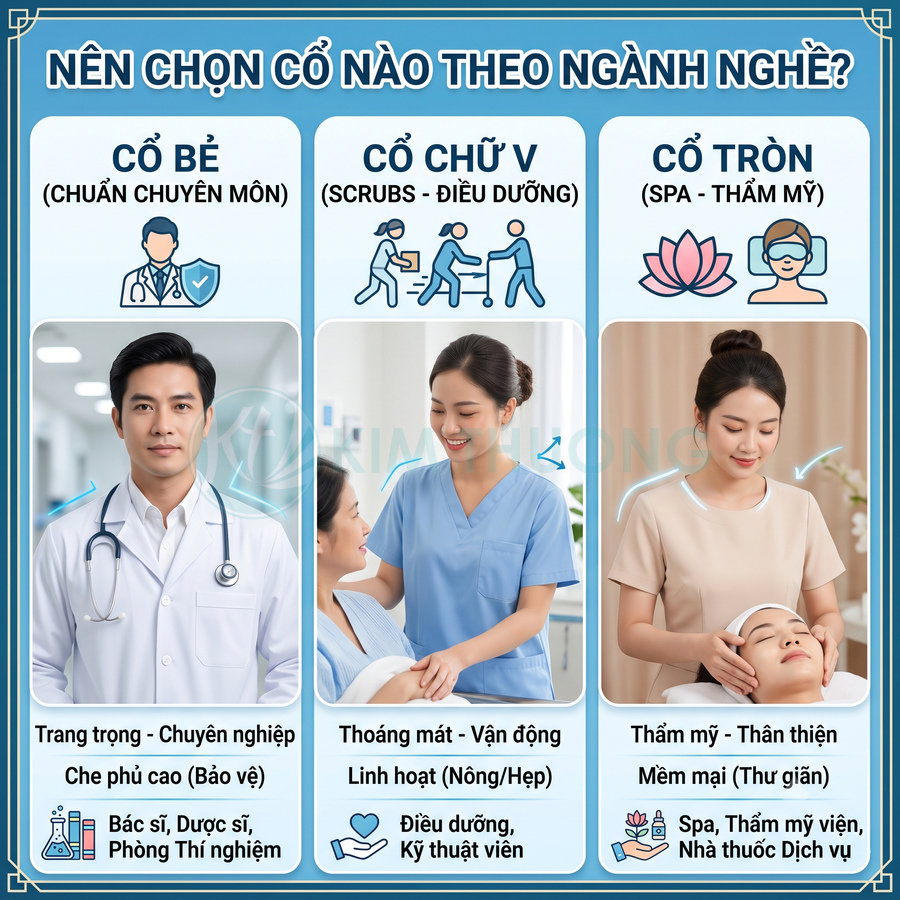 So sánh đồng phục cổ bẻ, cổ chữ V và cổ tròn cho bác sĩ, điều dưỡng, nhân viên spa trong ngành y tế và thẩm mỹ