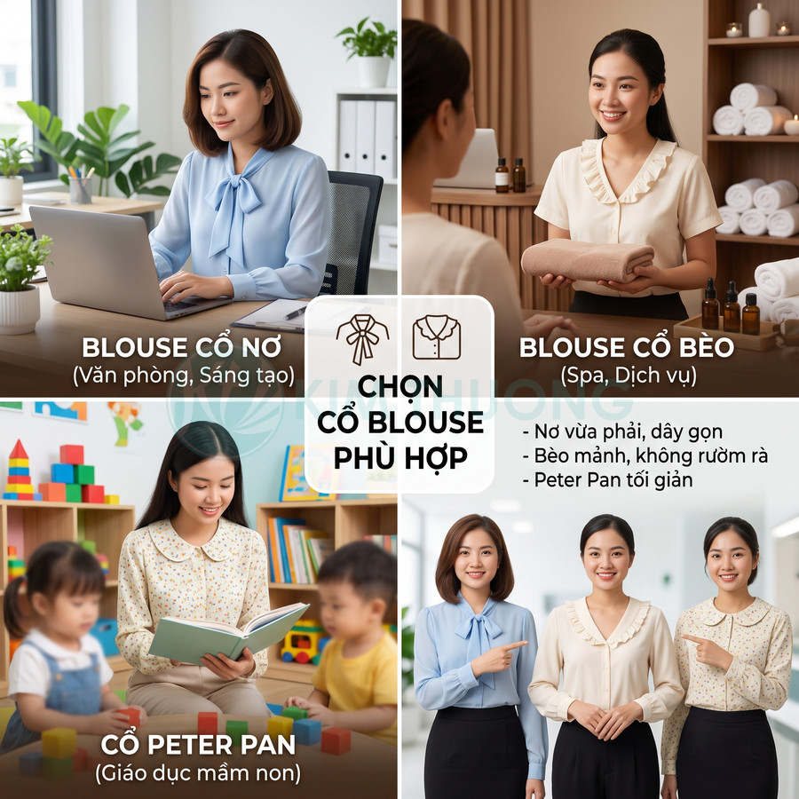 Các kiểu cổ áo blouse nữ: cổ nơ, cổ bèo, cổ Peter Pan phù hợp văn phòng, spa, giáo dục mầm non