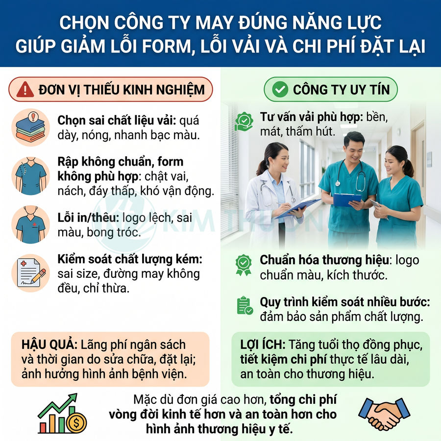 So sánh đơn vị may thiếu kinh nghiệm và công ty uy tín trong sản xuất đồng phục y tế chất lượng cao