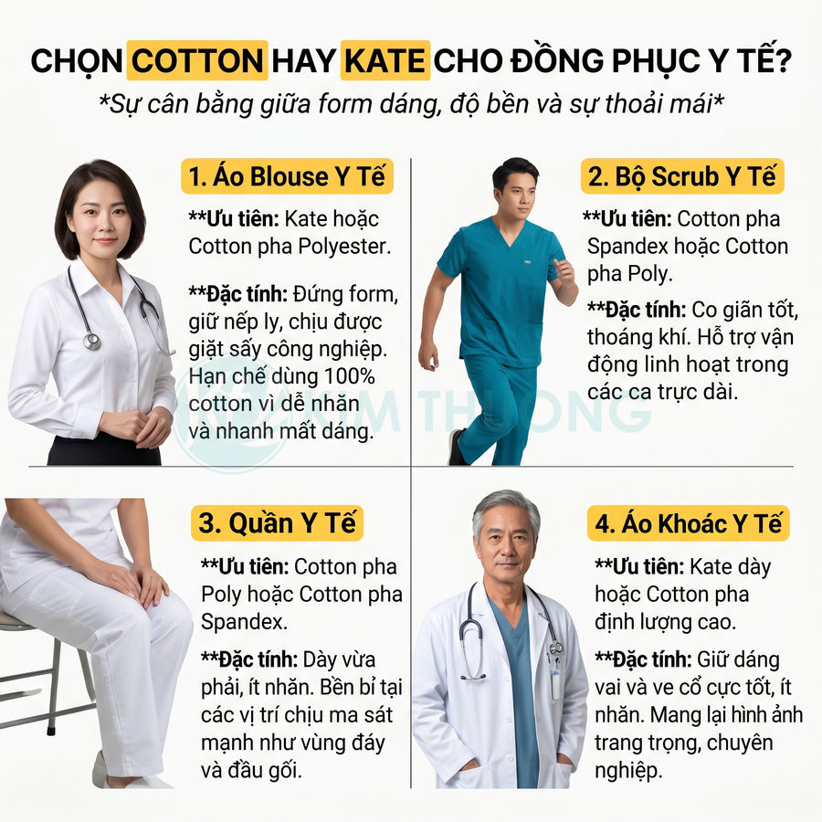 Bảng so sánh chất liệu cotton và kate cho áo blouse, bộ scrub, quần và áo khoác đồng phục y tế
