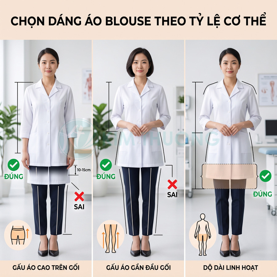 Hướng dẫn chọn độ dài áo blouse trắng nữ chuẩn theo tỷ lệ cơ thể cho nhân viên y tế