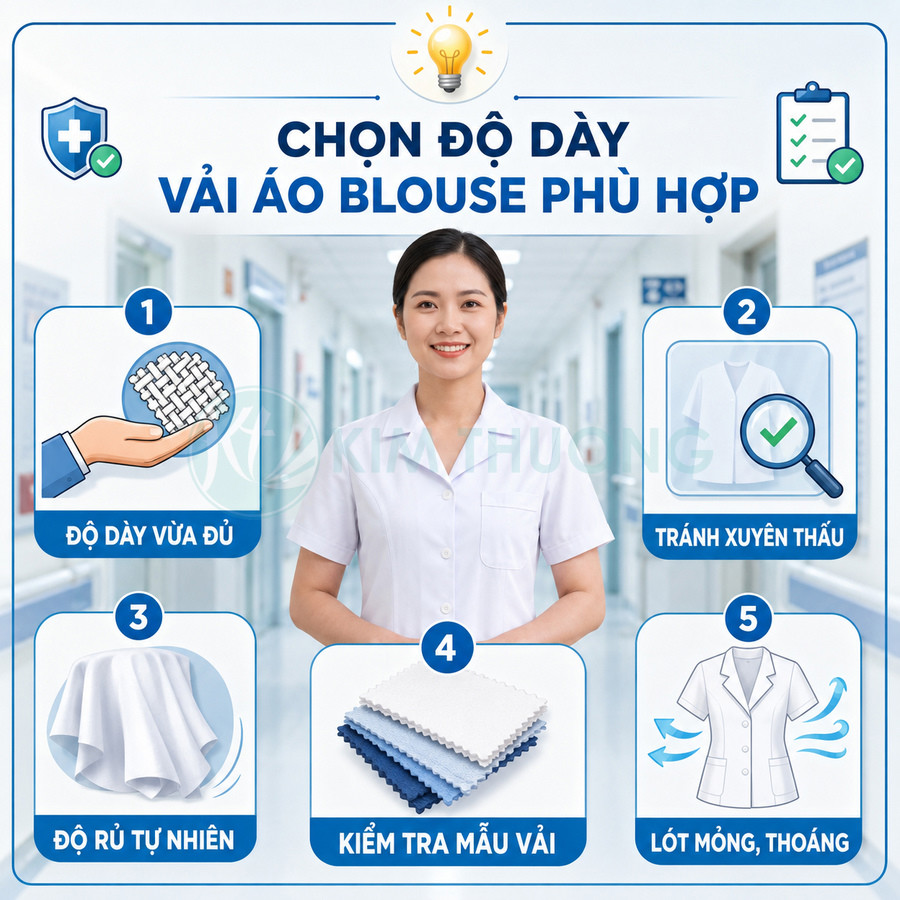 Hướng dẫn chọn độ dày vải áo blouse y tế với nữ điều dưỡng mặc áo blouse trắng trong bệnh viện