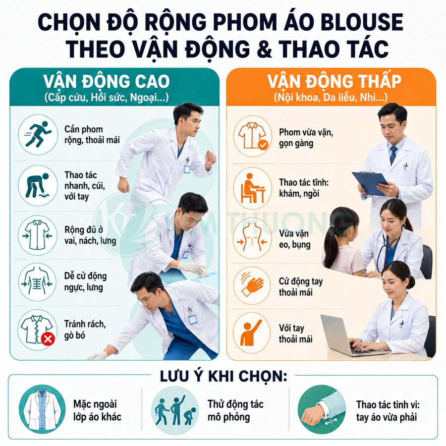 Bác sĩ mặc áo blouse trắng minh họa chọn độ rộng phom áo phù hợp cho vận động cao và vận động thấp