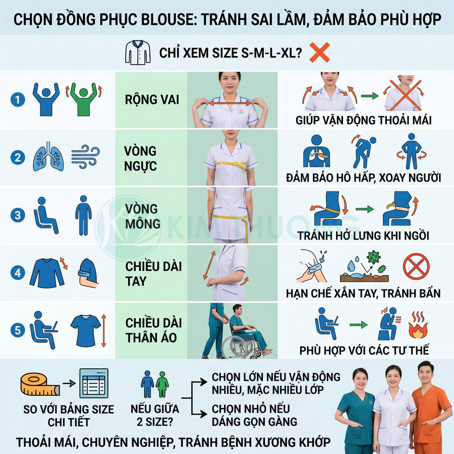 Hướng dẫn chọn size đồng phục blouse y tá bác sĩ vừa vặn, thoải mái cho vận động và làm việc