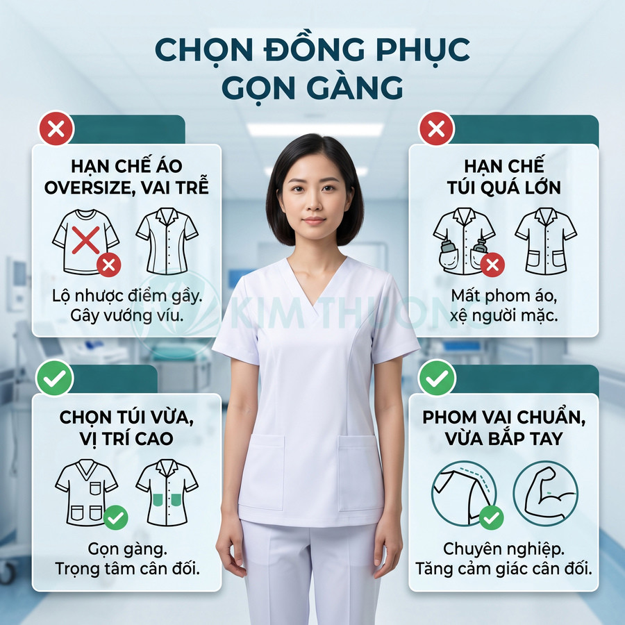 Nữ nhân viên y tế mặc đồng phục y tá trắng gọn gàng với túi áo vừa phải trong bệnh viện