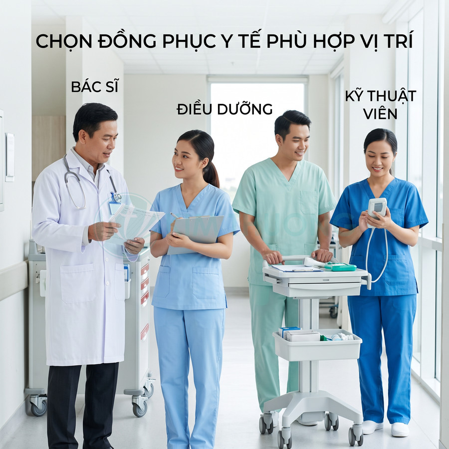 Đồng phục y tế cho bác sĩ áo blouse trắng và điều dưỡng kỹ thuật viên mặc scrub xanh trong bệnh viện