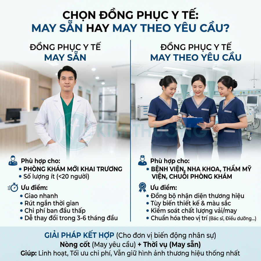 So sánh đồng phục y tế may sẵn và may theo yêu cầu cho bác sĩ, điều dưỡng trong bệnh viện và phòng khám