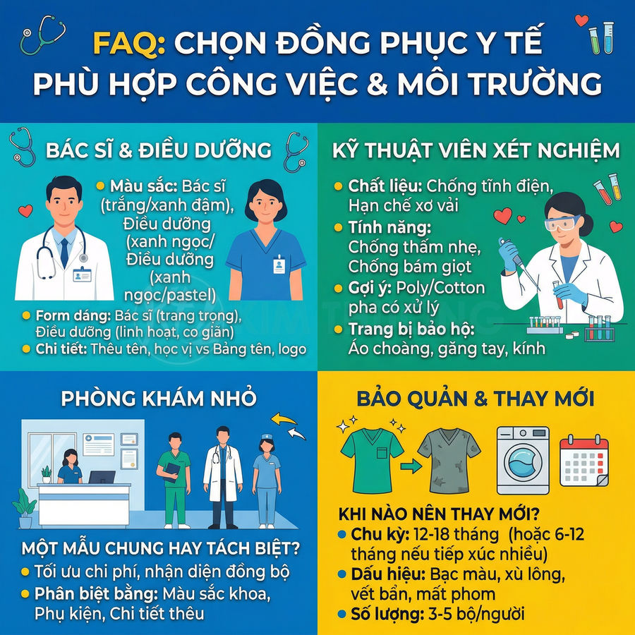 Infographic hướng dẫn chọn đồng phục y tế cho bác sĩ, điều dưỡng, kỹ thuật viên và cách bảo quản, thay mới