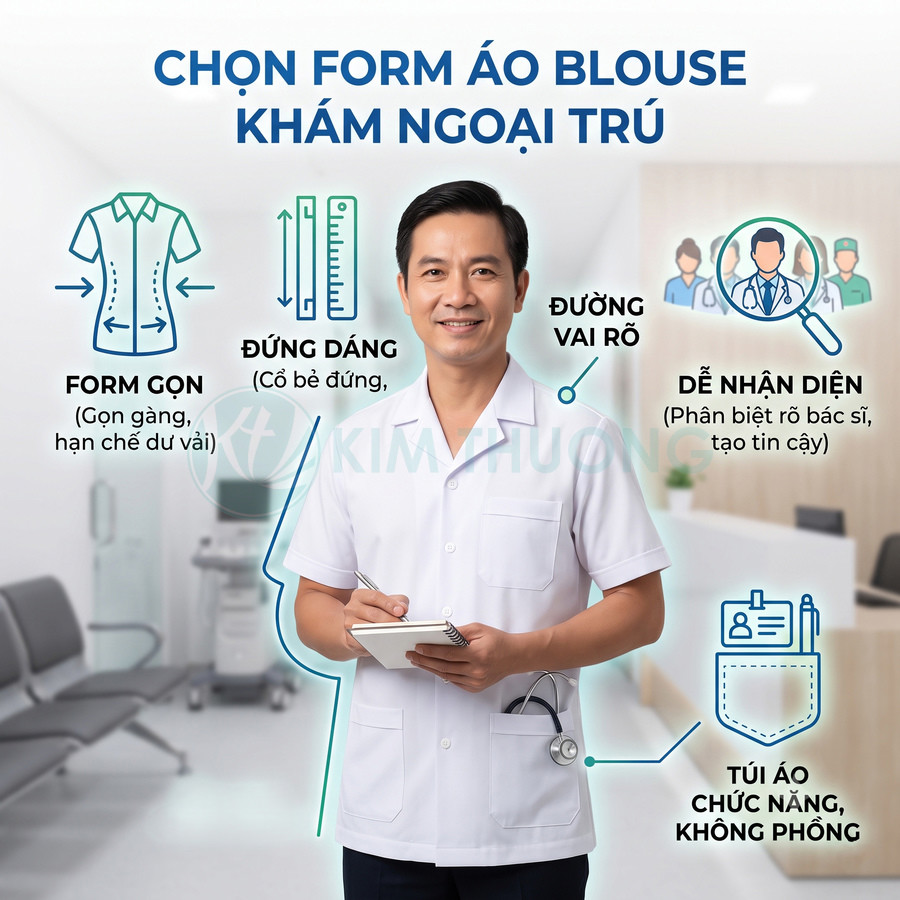 Bác sĩ nam mặc áo blouse trắng form gọn đứng dáng, túi áo chức năng trong phòng khám ngoại trú