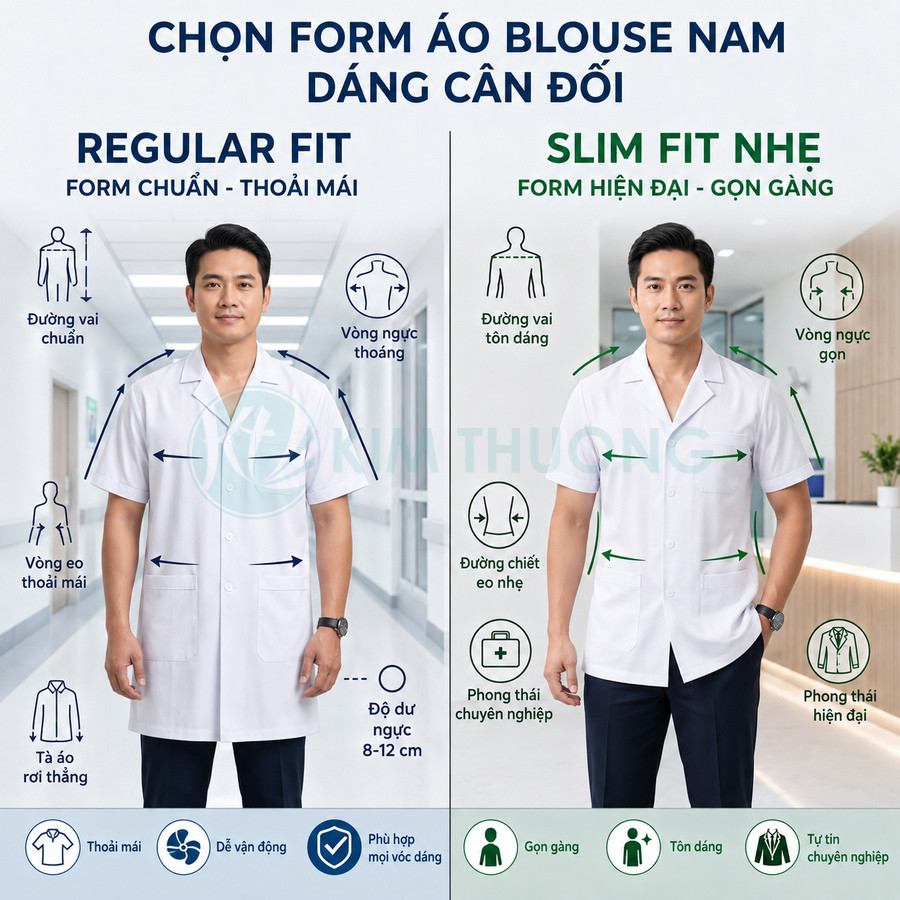 So sánh áo blouse nam form regular fit và slim fit nhẹ cho bác sĩ, tôn dáng và thoải mái khi làm việc