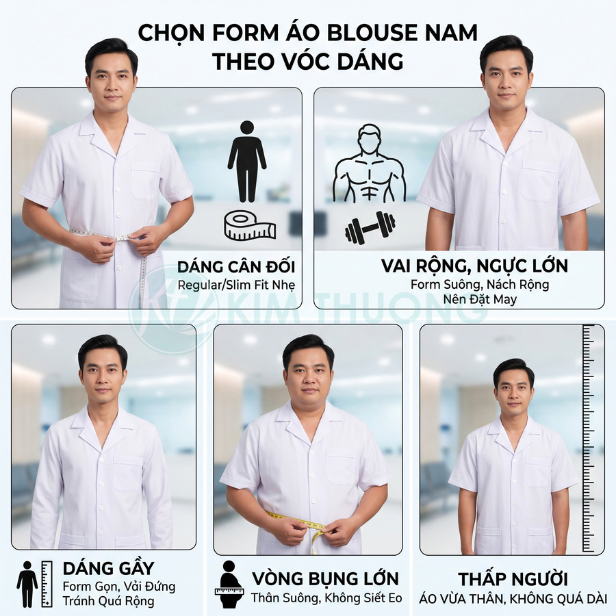 Các mẫu áo blouse nam trắng cho bác sĩ theo từng vóc dáng: cân đối, vai rộng, dáng gầy, bụng lớn, thấp người
