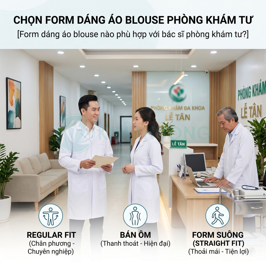 Các bác sĩ mặc áo blouse trắng nhiều kiểu dáng regular fit bán ôm form suông trong phòng khám tư hiện đại