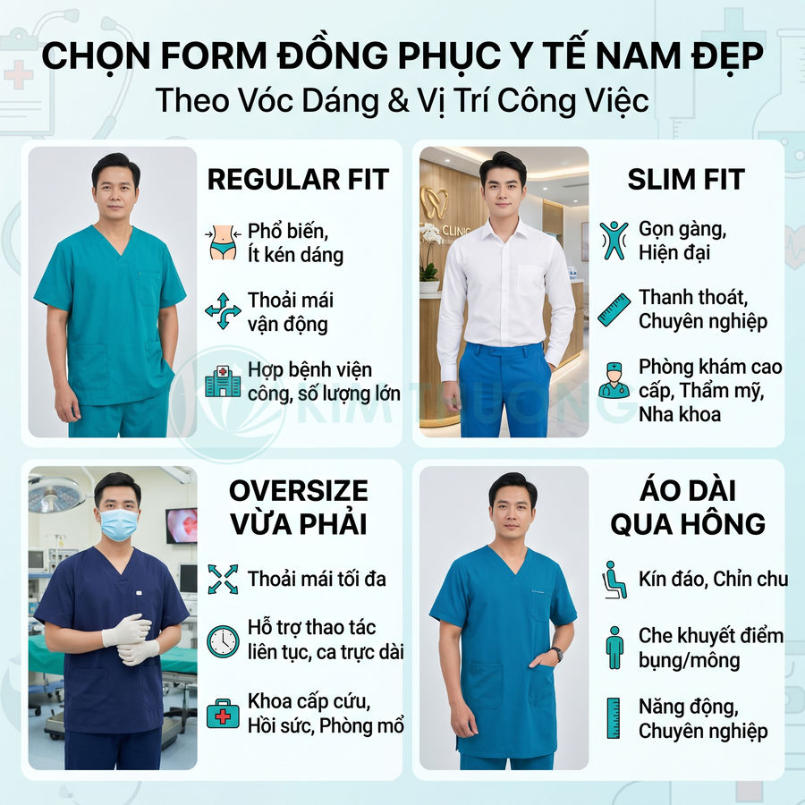 Các mẫu đồng phục y tế nam gồm regular fit, slim fit, oversize và áo dài qua hông cho nhiều vị trí công việc