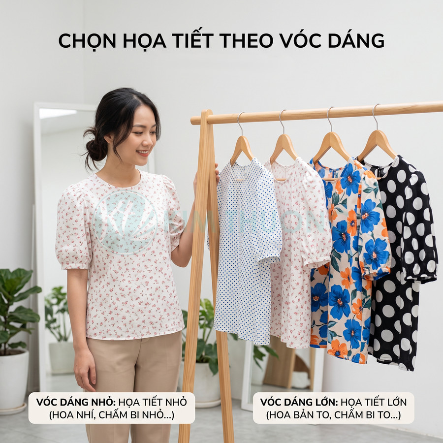 Áo blouse nữ tay ngắn họa tiết hoa nhí màu trắng hồng, treo cùng nhiều mẫu áo chấm bi và hoa trên giá gỗ