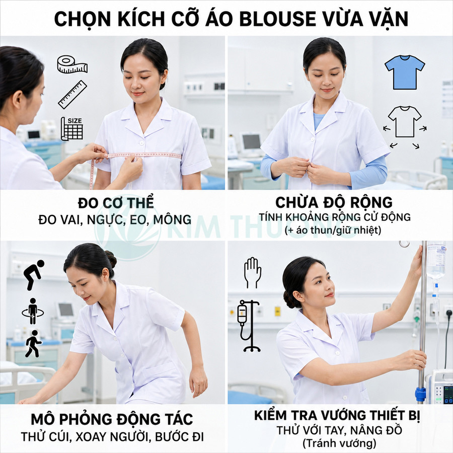 Hướng dẫn chọn kích cỡ áo blouse y tế vừa vặn với mẫu nữ điều dưỡng minh họa các bước đo và thử vận động