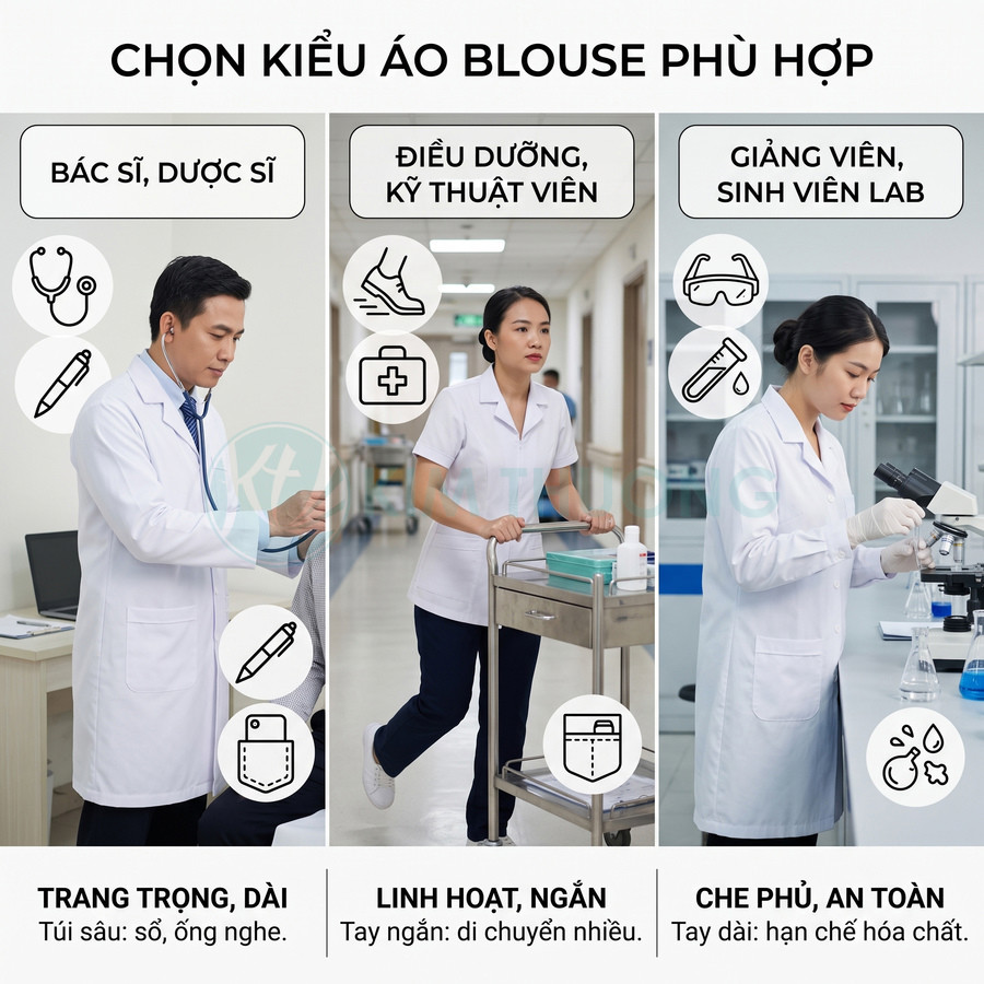Các kiểu áo blouse trắng cho bác sĩ, điều dưỡng, giảng viên lab với thiết kế dài ngắn phù hợp từng công việc