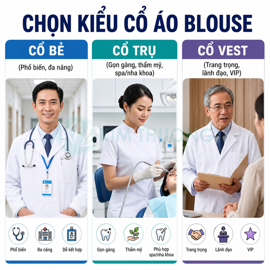 Các kiểu cổ áo blouse y tế: cổ bẻ, cổ trụ, cổ vest cho bác sĩ và nhân viên nha khoa