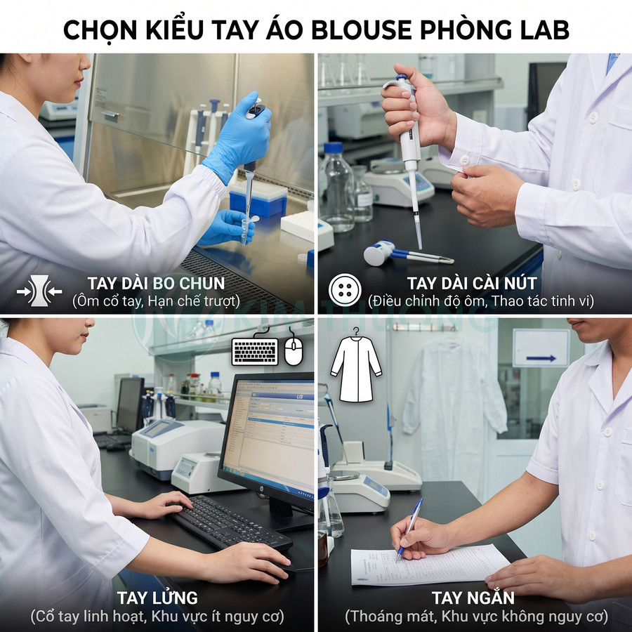 Các kiểu tay áo blouse phòng lab tay dài bo chun tay dài cài nút tay lửng và tay ngắn trong môi trường thí nghiệm