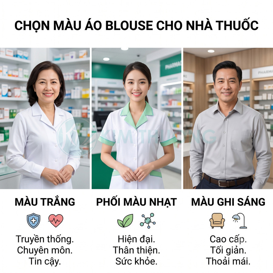 Các mẫu áo blouse nhà thuốc màu trắng, phối xanh nhạt và sơ mi ghi sáng cho dược sĩ và nhân viên quầy thuốc