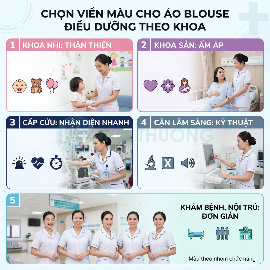 Hướng dẫn chọn màu viền áo blouse điều dưỡng theo từng khoa trong bệnh viện với hình ảnh minh họa cụ thể