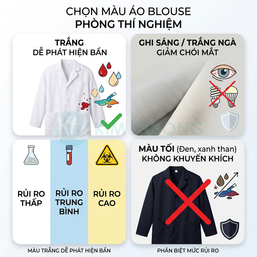 So sánh áo blouse trắng, ghi sáng và màu tối cho phòng thí nghiệm, khuyến nghị chọn áo trắng dễ phát hiện vết bẩn