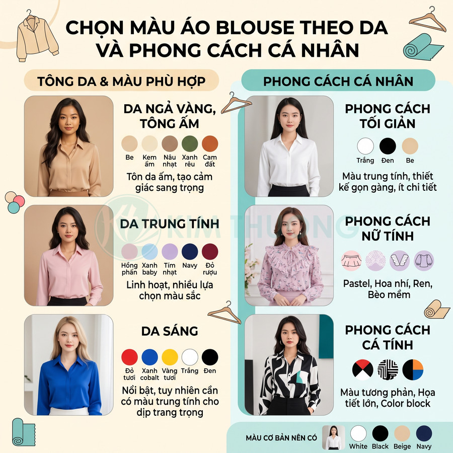 Hướng dẫn chọn màu áo blouse nữ theo tông da và phong cách cá nhân, nhiều mẫu áo công sở khác nhau