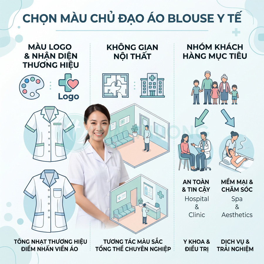 Nữ nhân viên y tế mặc áo blouse trắng đứng trước minh họa hướng dẫn chọn màu áo blouse y tế