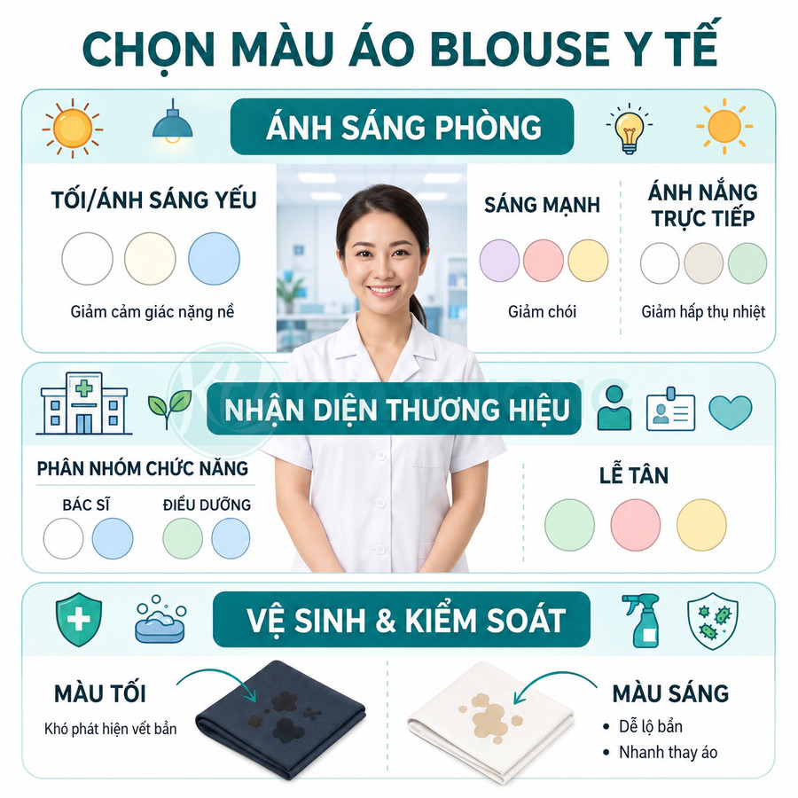 Infographic hướng dẫn chọn màu áo blouse y tế theo ánh sáng phòng, nhận diện thương hiệu và vệ sinh kiểm soát