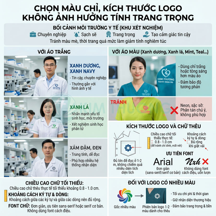 Hướng dẫn chọn màu chữ và kích thước logo trên đồng phục nhân viên y tế trong phòng xét nghiệm