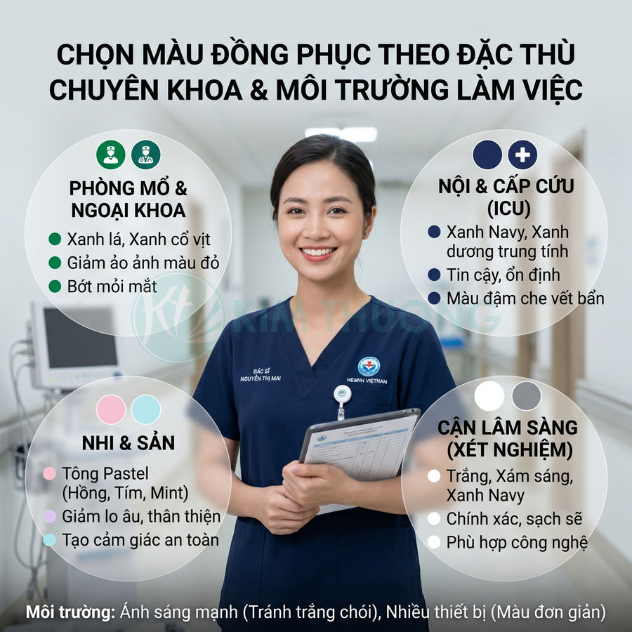 Nữ bác sĩ mặc đồng phục y tế màu xanh navy cầm bảng hồ sơ đứng trong bệnh viện hiện đại