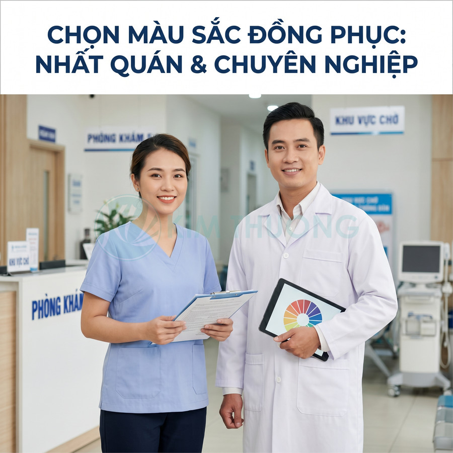 Bộ đồng phục y tá màu xanh nhạt và bác sĩ áo blouse trắng đứng trong phòng khám hiện đại