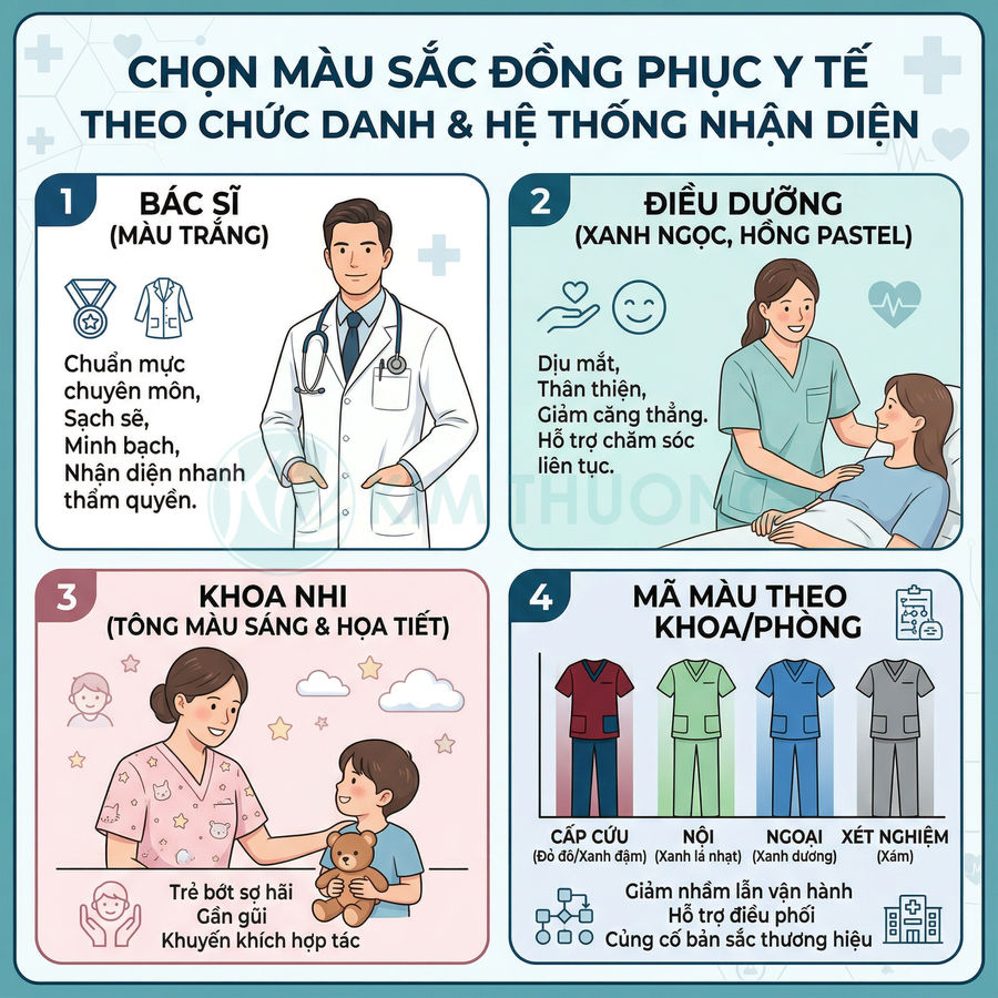 Infographic hướng dẫn chọn màu sắc đồng phục y tế cho bác sĩ, điều dưỡng, khoa nhi và các khoa phòng khác