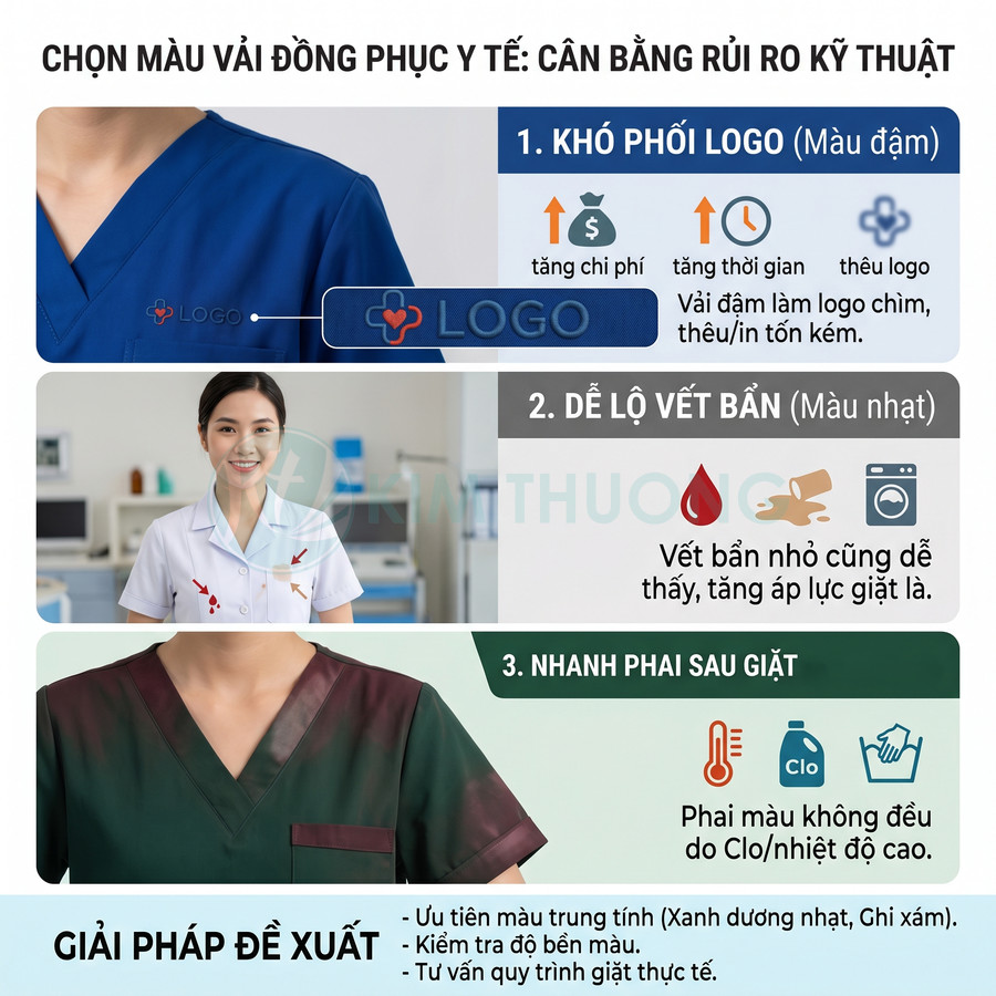 Infographic hướng dẫn chọn màu vải đồng phục y tế, so sánh ưu nhược điểm màu đậm nhạt và giải pháp đề xuất