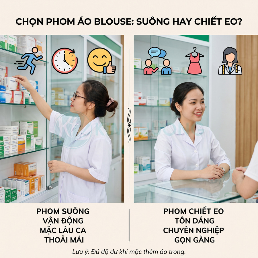 Dược sĩ nữ mặc áo blouse phom suông và áo blouse chiết eo tư vấn thuốc tại nhà thuốc