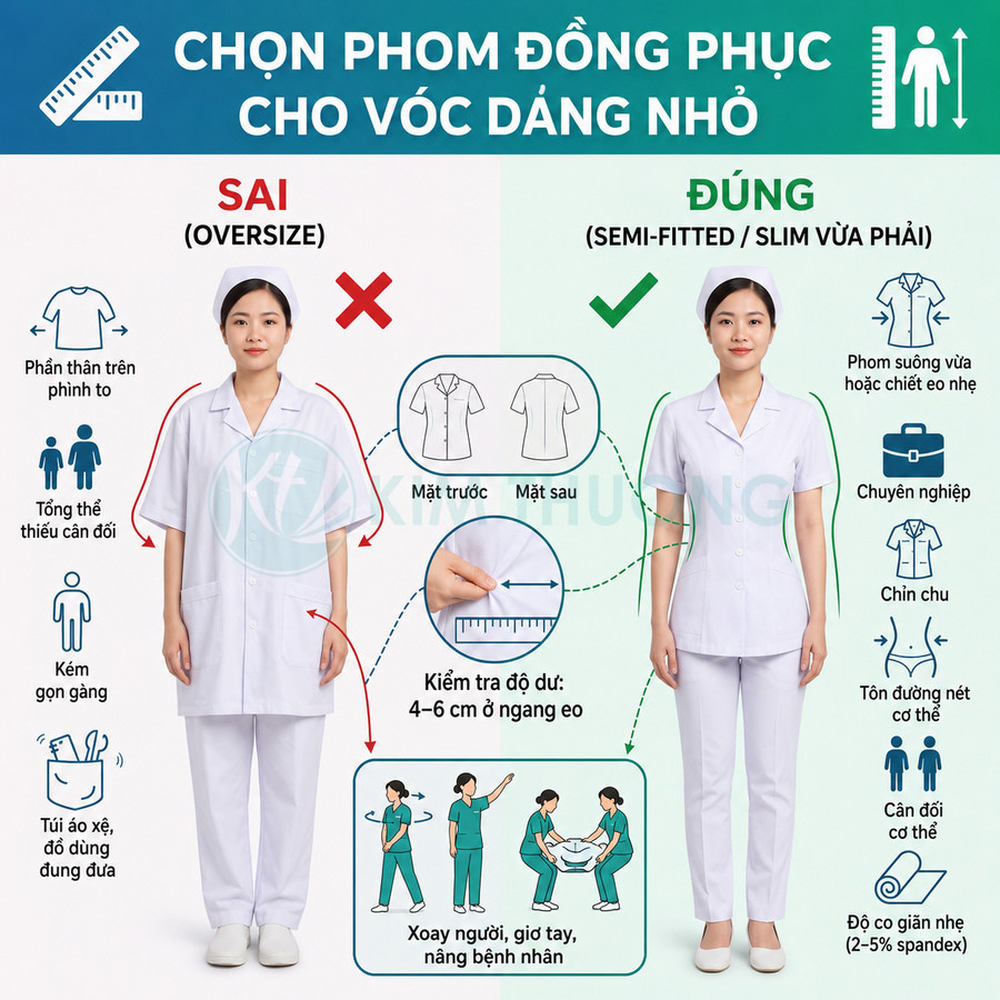 So sánh đồng phục y tá form rộng và form vừa vặn cho người vóc dáng nhỏ, nhấn mạnh bộ đồ trắng chuẩn chỉnh