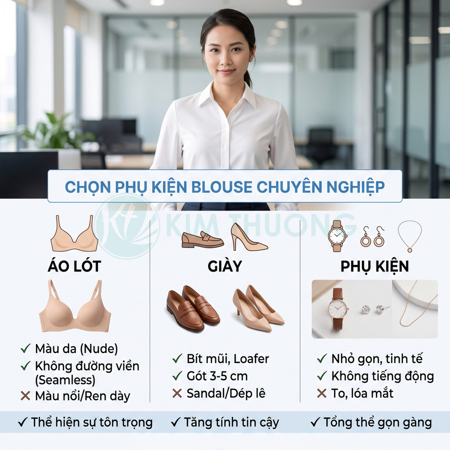 Hướng dẫn chọn áo lót, giày và phụ kiện tối giản để phối cùng áo blouse công sở chuyên nghiệp