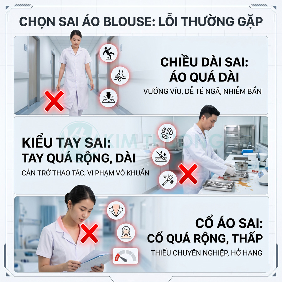 Các lỗi thường gặp khi chọn áo blouse y tế như áo quá dài, tay rộng dài, cổ áo quá rộng thấp