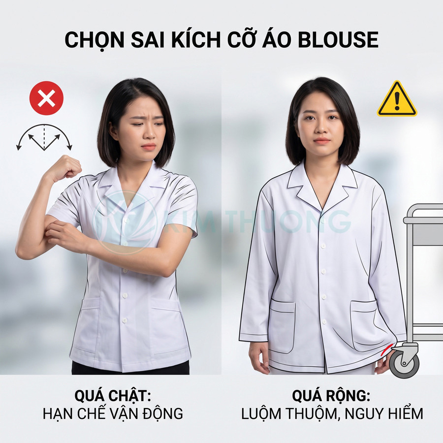 So sánh áo blouse y tế quá chật và quá rộng, minh họa ảnh hưởng đến vận động và độ an toàn khi làm việc