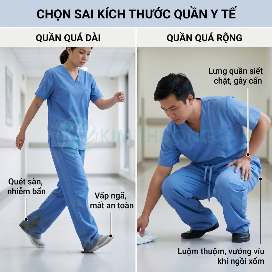 Nhân viên y tế mặc quần áo scrub xanh bị dài và rộng gây vướng víu, mất an toàn khi làm việc trong bệnh viện