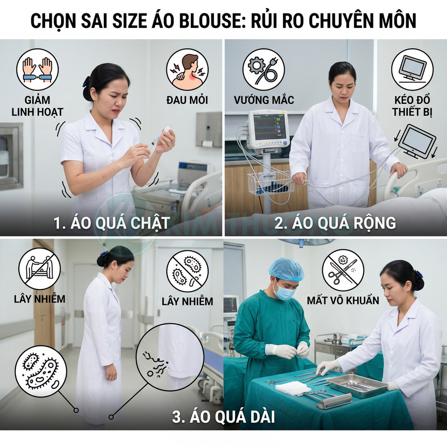 Bộ ảnh minh họa rủi ro khi chọn sai size áo blouse y tế: áo quá chật, quá rộng hoặc quá dài