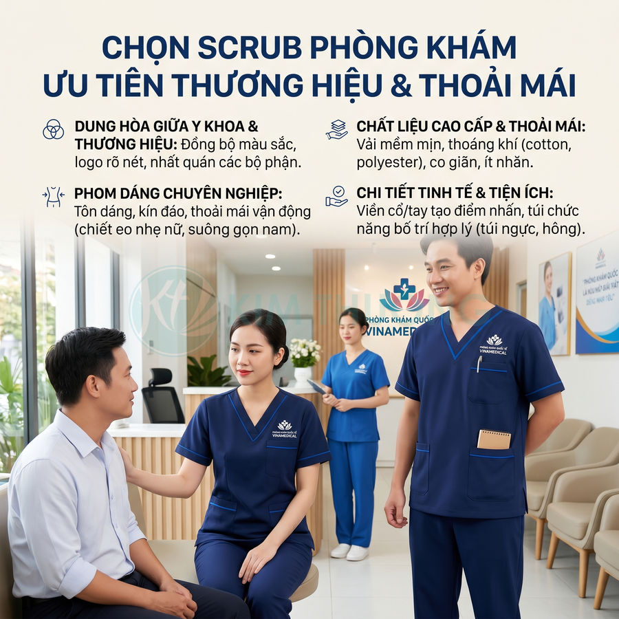 Đồng phục scrub phòng khám VINAMEDICAL màu xanh navy cho bác sĩ và y tá tư vấn bệnh nhân trong sảnh chờ