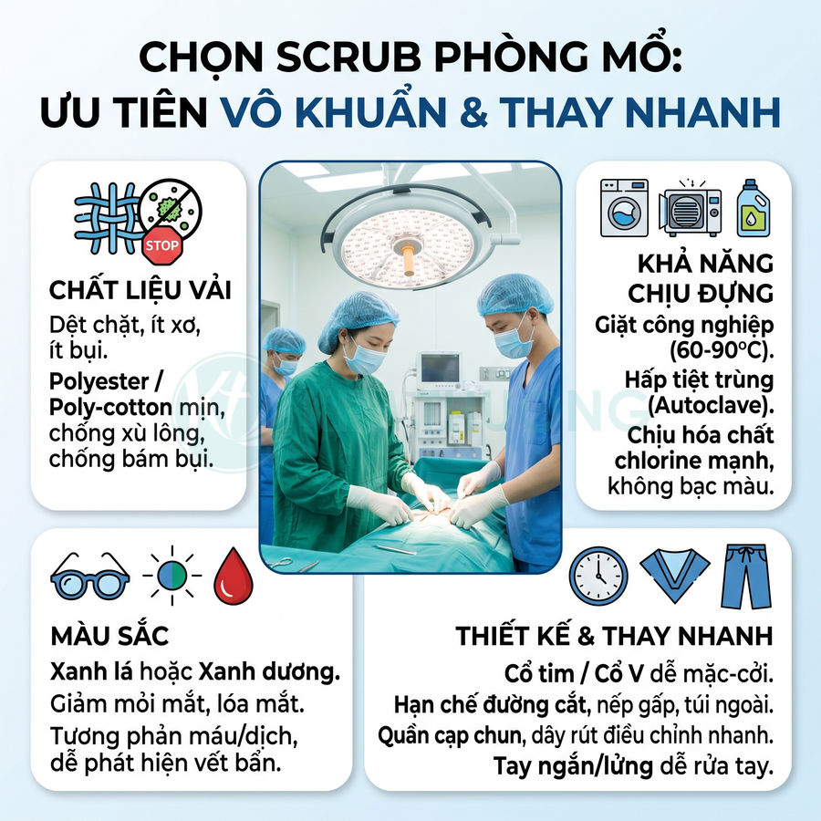 Hướng dẫn chọn đồ scrub phòng mổ vô khuẩn, bác sĩ mặc áo phẫu thuật xanh đang mổ trong phòng mổ