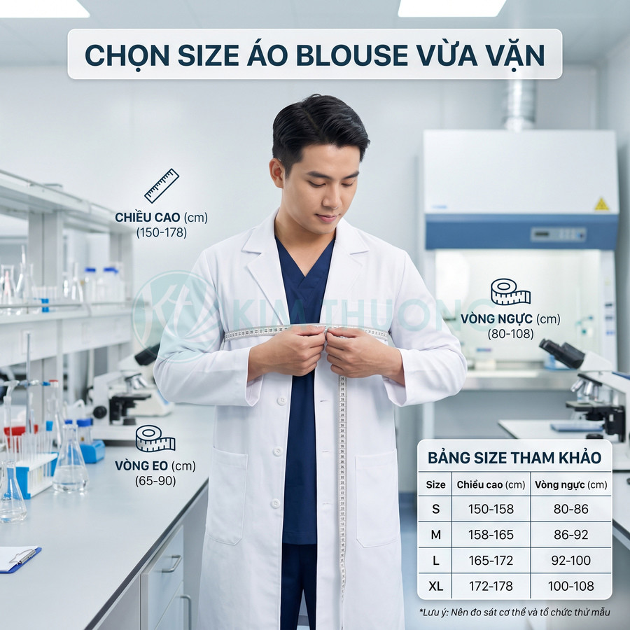 Nam bác sĩ mặc áo blouse trắng đo vòng ngực bằng thước dây trong phòng thí nghiệm để chọn size áo phù hợp