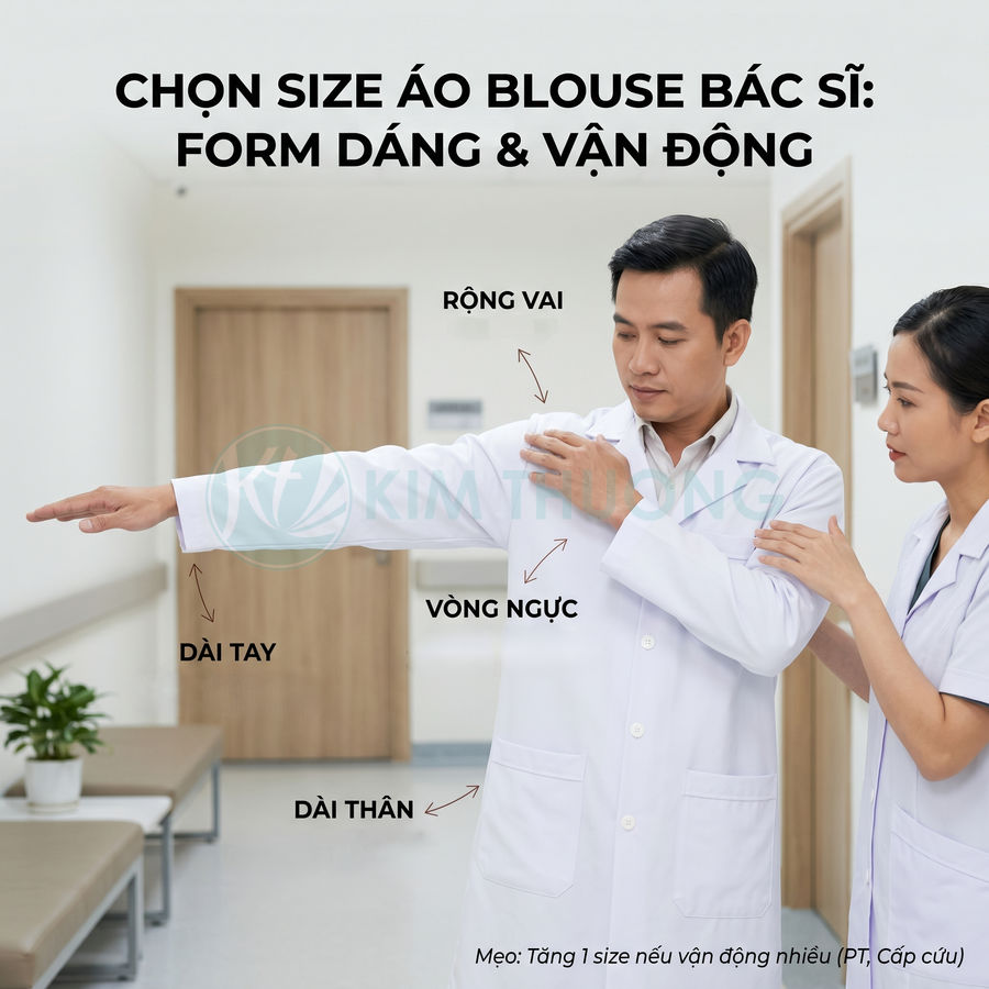 Bác sĩ mặc áo blouse trắng dang tay đo rộng vai vòng ngực dài tay và dài thân để chọn size phù hợp