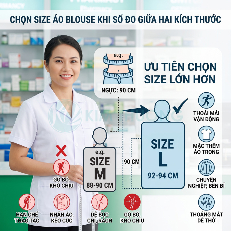 Hướng dẫn chọn size áo blouse y tế, ưu tiên chọn size L rộng hơn để mặc thoải mái và chuyên nghiệp