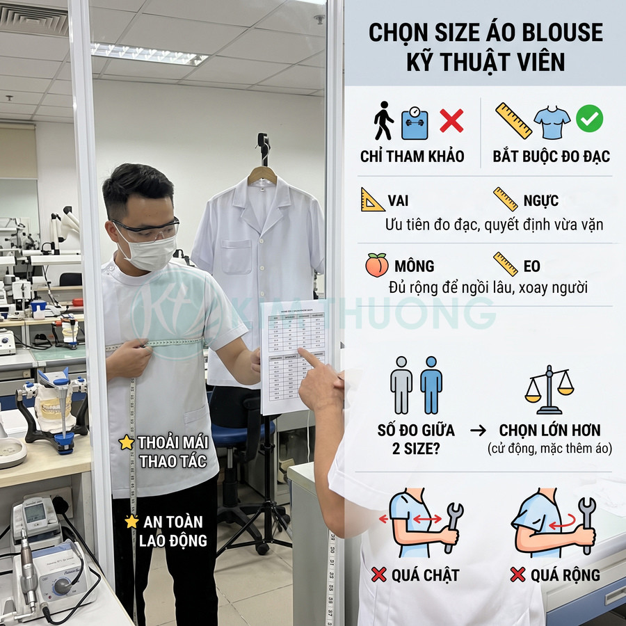 Kỹ thuật viên đo cơ thể để chọn size áo blouse trắng trong phòng thí nghiệm, bảng hướng dẫn chọn size bên cạnh