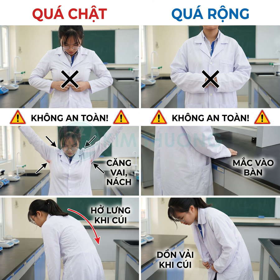 Áo blouse phòng thí nghiệm quá chật hoặc quá rộng gây căng vai, hở lưng và vướng bàn khi cúi người