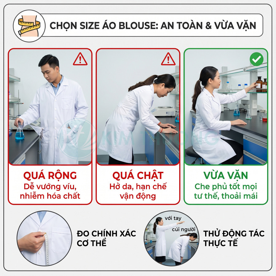 Hướng dẫn chọn size áo blouse vừa vặn, minh họa áo quá rộng, quá chật và cách đo cơ thể, thử động tác thực tế